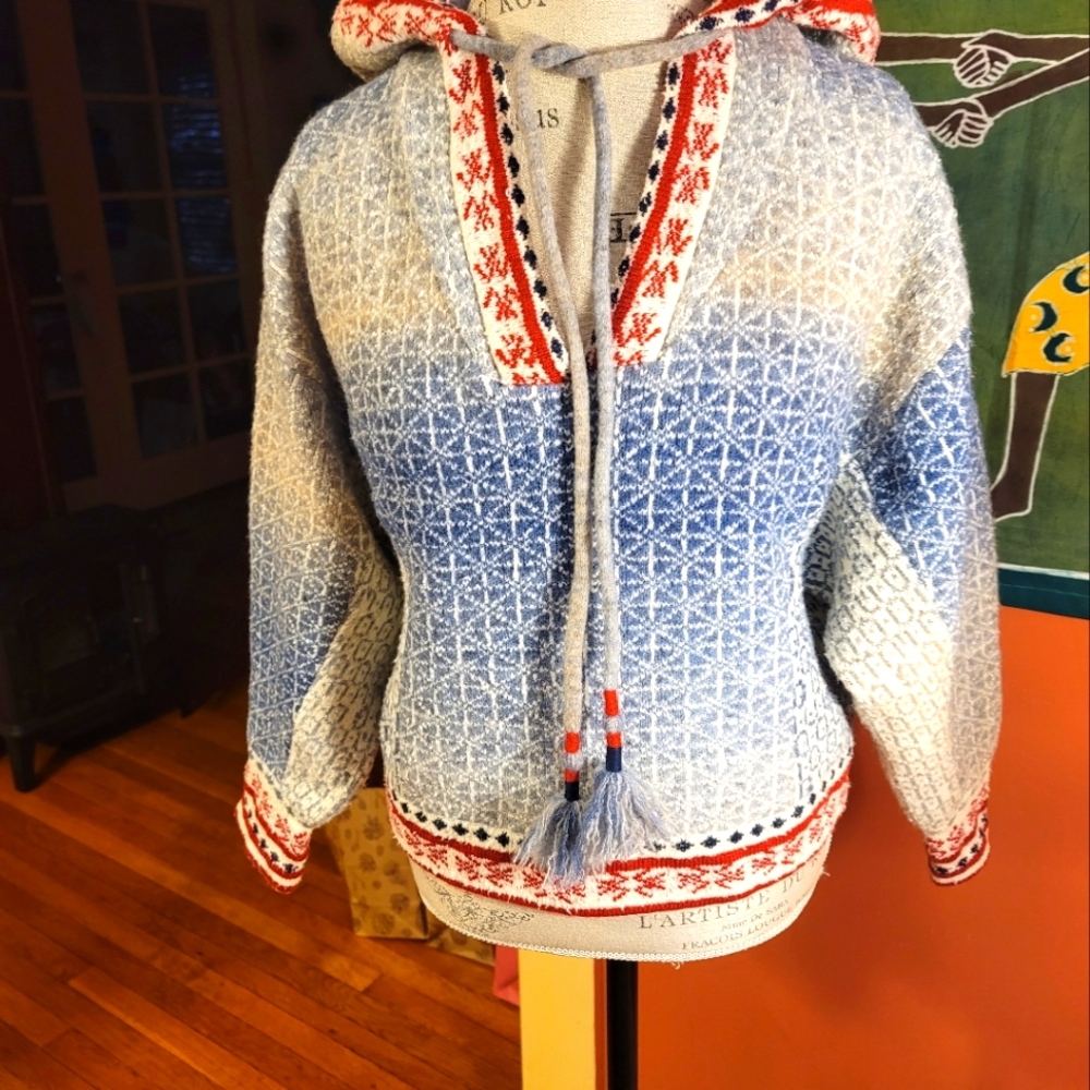 Anthropologie Pilcro Blue and Red Patterned Sweater